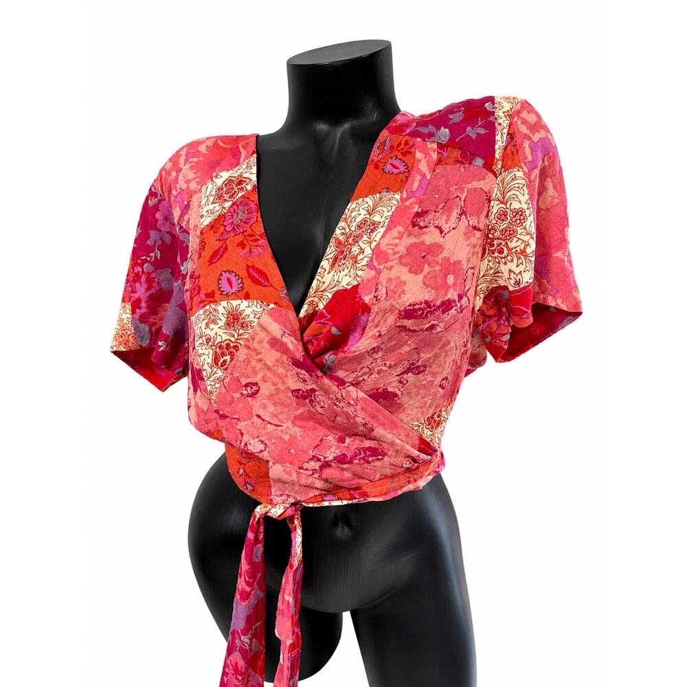 Free People XL Boho Y2K Floral Patchwork Wrap Crop Top Tie Waist Festival Top